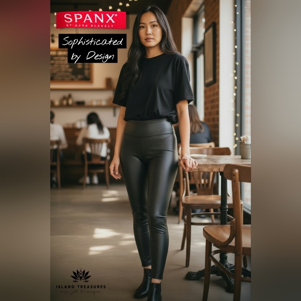 Spanx Faux Leather Leggings Women Sz Medium Black Glow Sculpted Body Contour